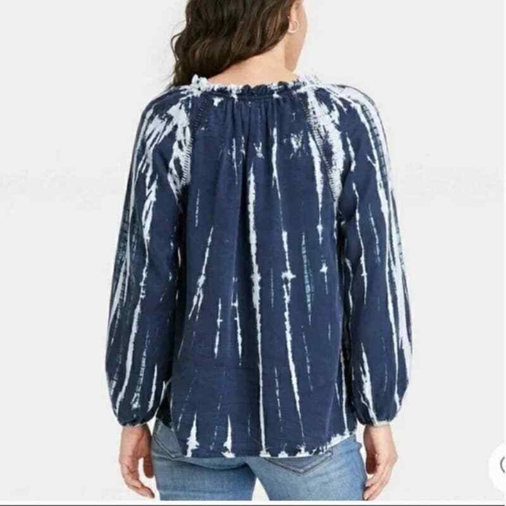 Knox Rose Women's XL Blue Tie Dye Blouse Ruffle Split Neckline Boho Peasant LS - Picture 3 of 13
